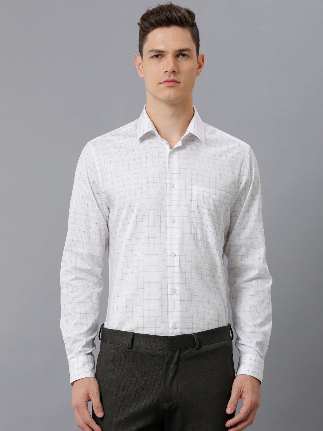 Mens Slim Fit White/Olive Green Check Formal Cotton Shirt (FOCEK)