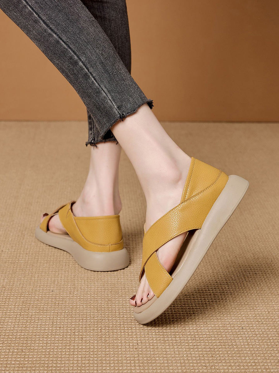 Women Casual Summer Pure Color Leather Slippers