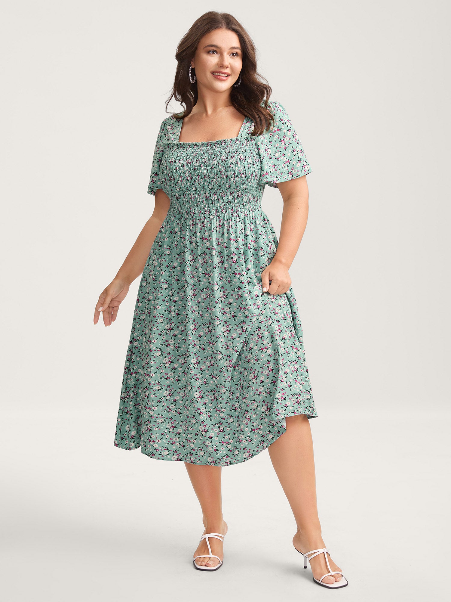 Rayon Ditsy Floral Print Shirred Midi Dress
