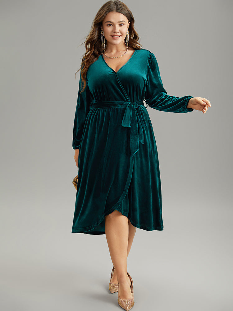 Solid Velvet Belted Wrap Arc Hem Dress