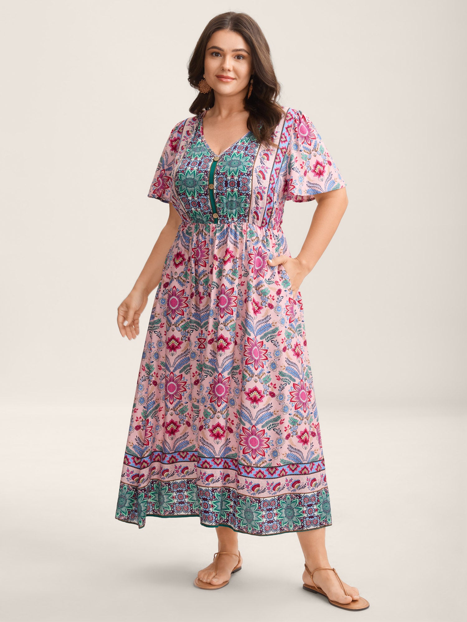 Rayon Floral Print A-Line Buttons Midi Dress