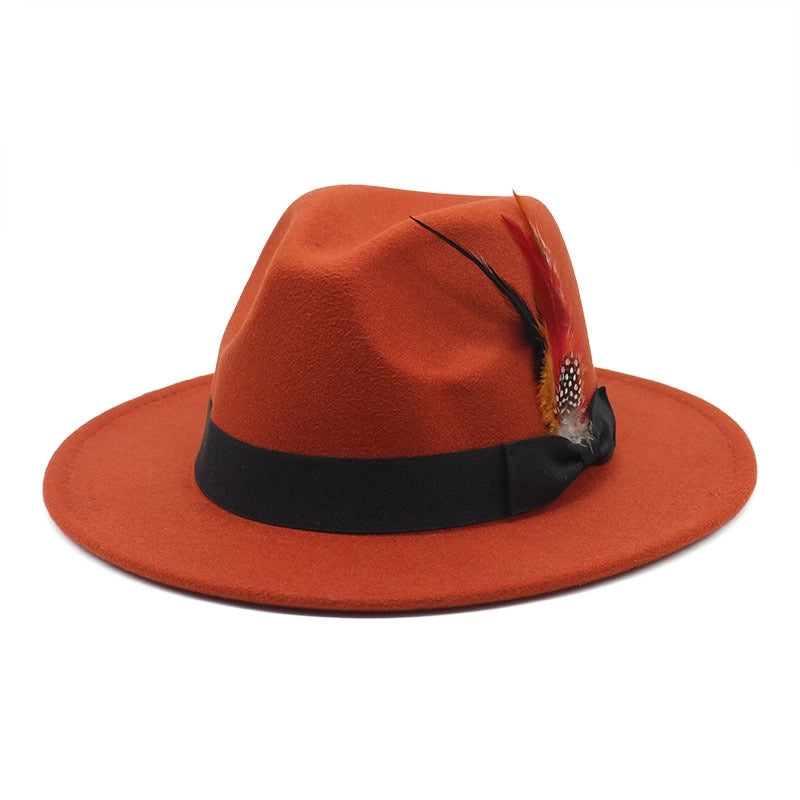 Bow Feather Top Hat Autumn And Winter Big Brim Hat Fashionable Men's And Women's Cashmere Felt Hat Style New Hats