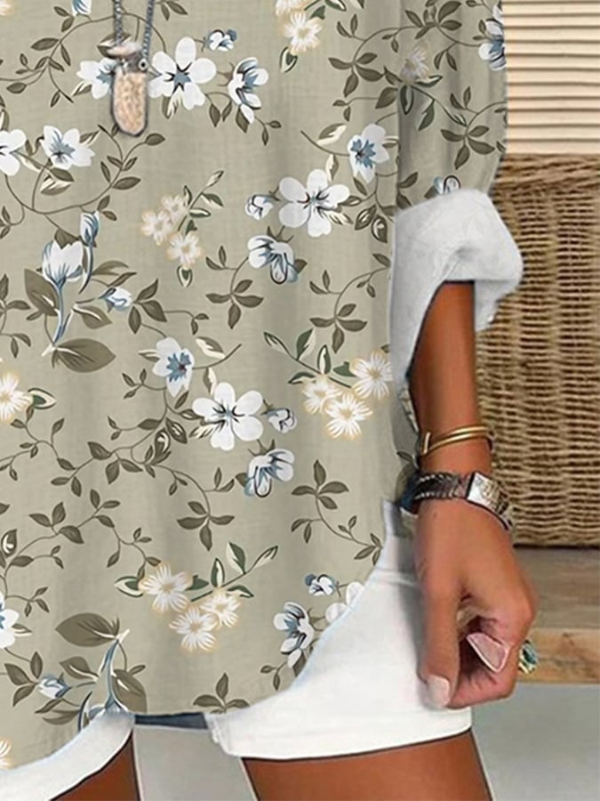 Women's Retro Floral Loose Casual Long Sleeve V-Neck Shirt