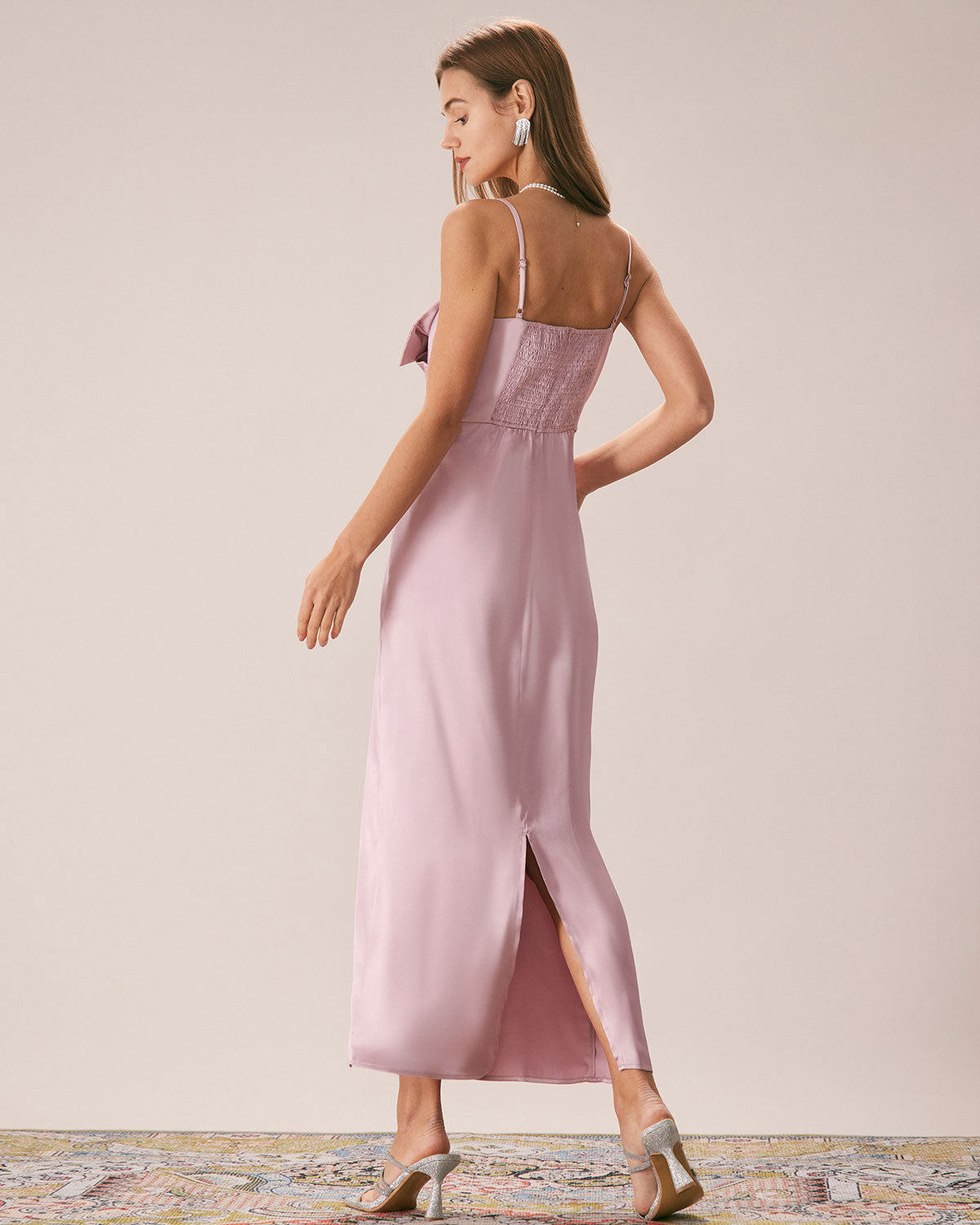 The Pink Bowknot Satin Strap Maxi Dress