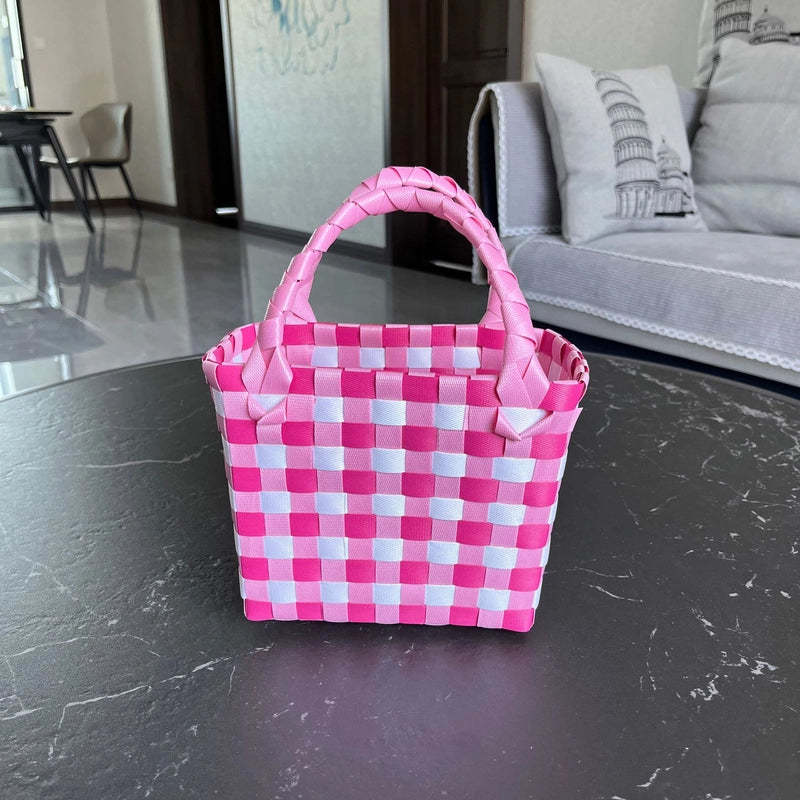 Women's PVC Color Block Plaid Vacation Weave Square Open Square Bag