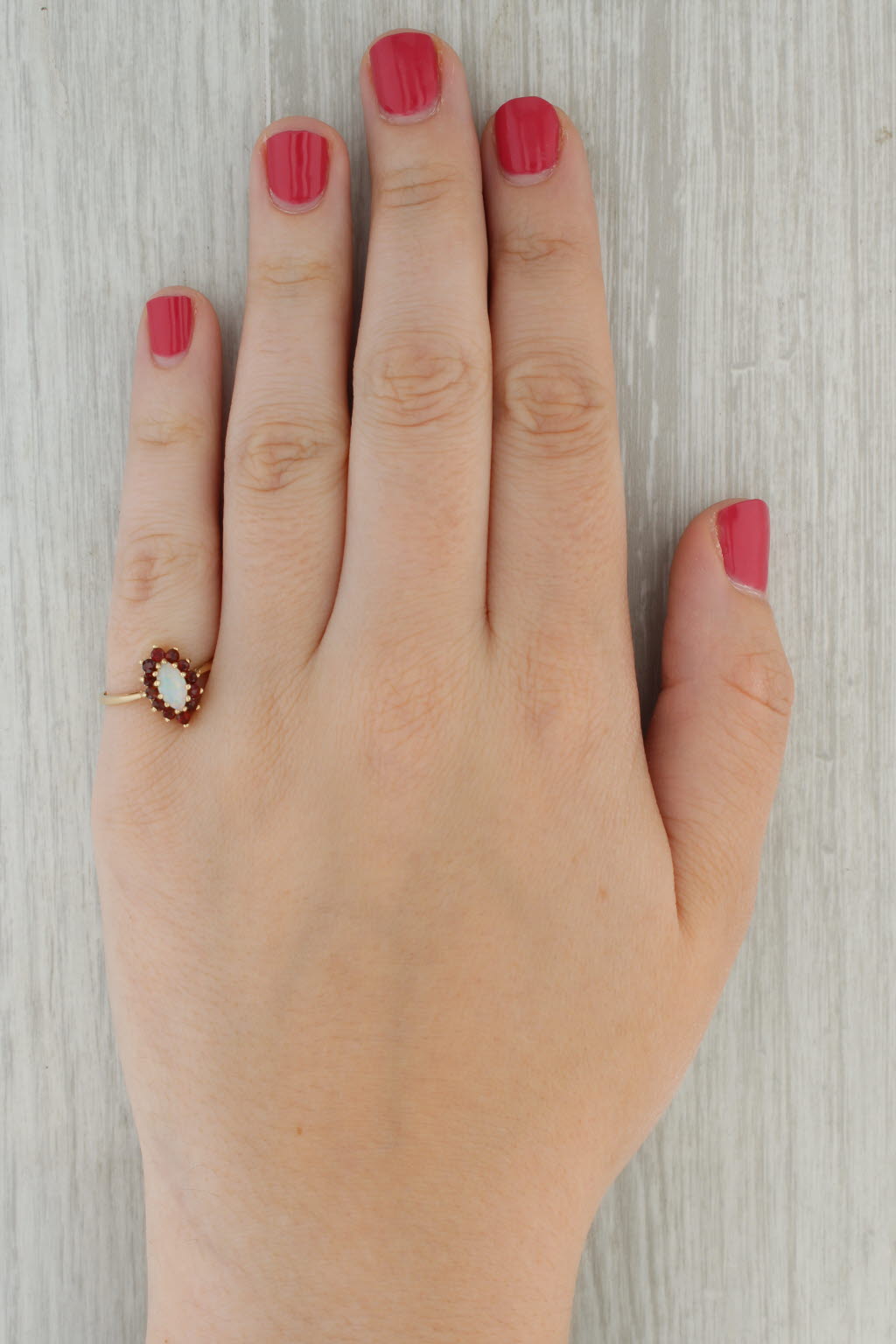 Opal Navette Cabochon Garnet Halo Ring 10k Yellow Gold Size 7.5