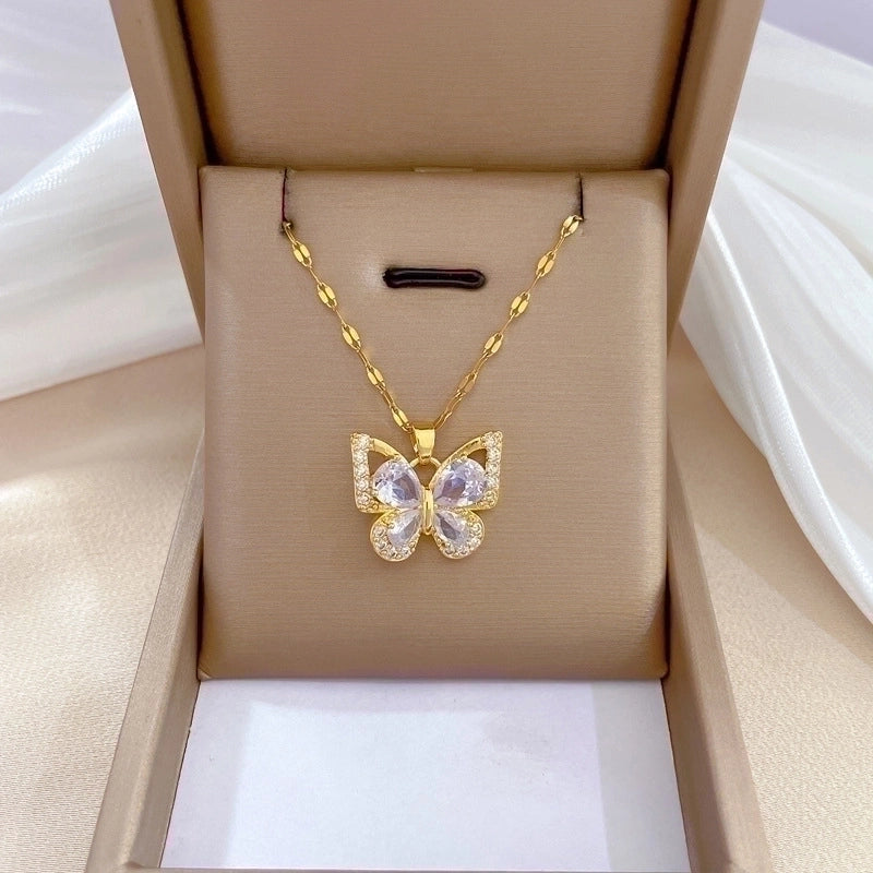 Minimalist Butterfly Titanium Steel Copper Plating Inlay Zircon Pendant Necklace