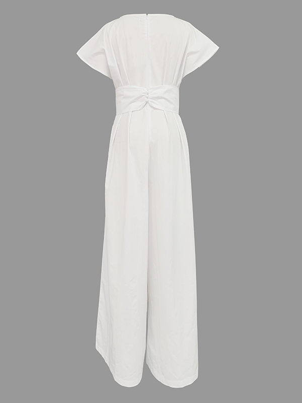 Loose Raglan Sleeve Pleated Solid Color Split-Joint Zipper Round-Neck Jumpsuits
