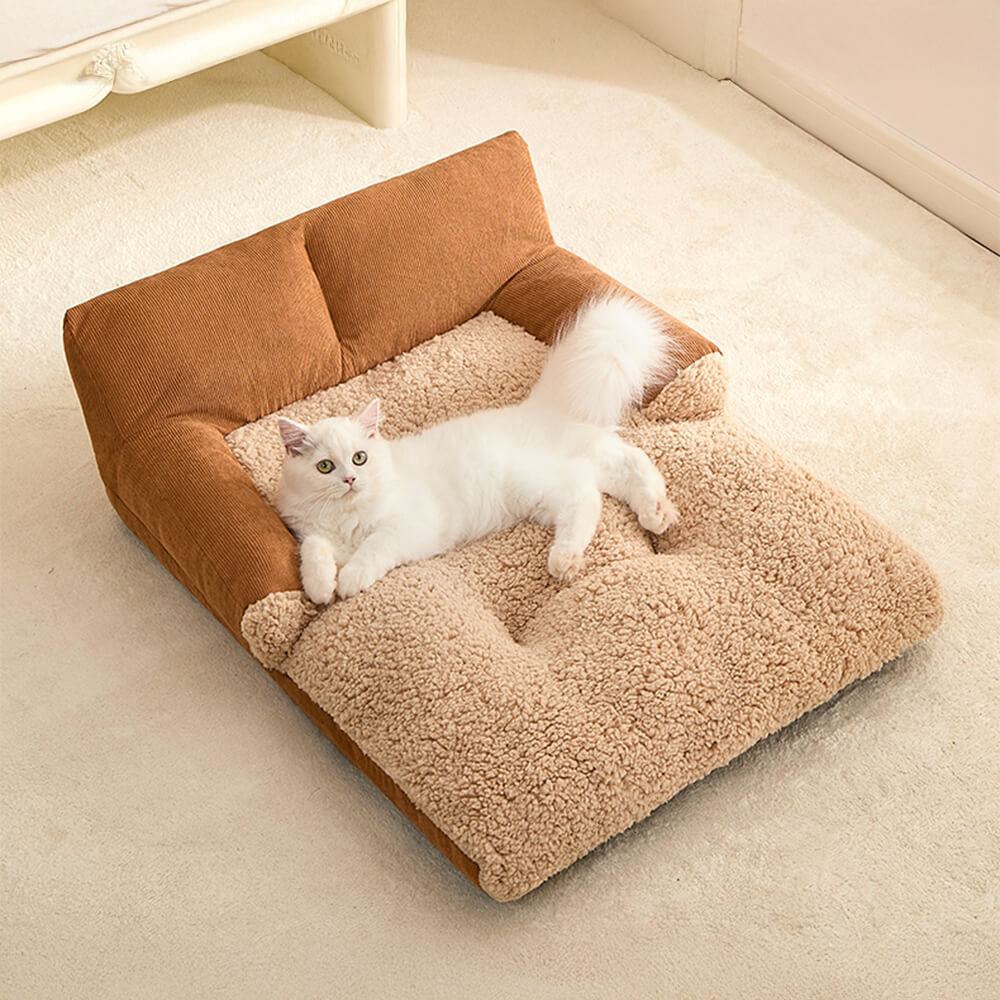 Spacious Warm Corduroy Raised Backrest Dog & Cat Sofa Bed