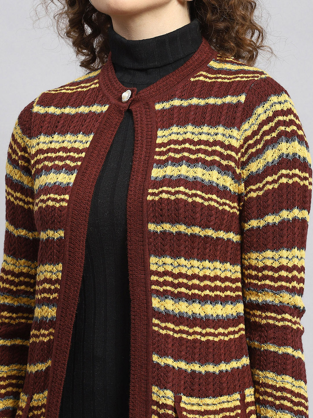 Women Maroon Stripe Cardigan