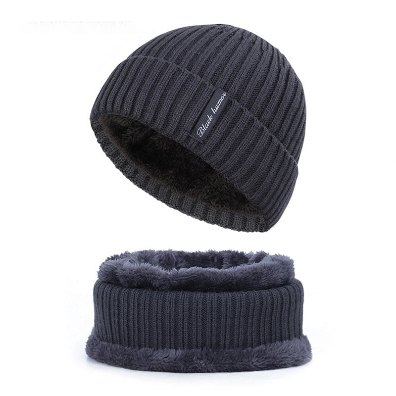 Autumn And Winter New Men's Style Knitted Hat Plus Velvet Padded Scarf Two-piece Warm Knitted Hat