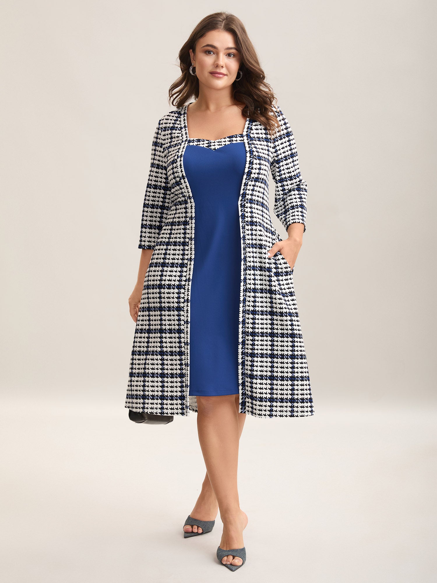 Houndstooth Print Waist-Cinched Patchwork Midi Dress