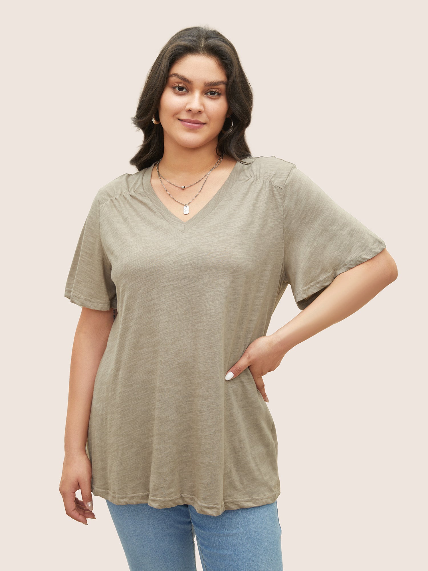 Plain Ruffle Sleeve Heather V Neck T-shirt