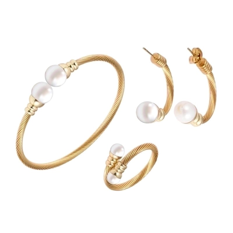 Casual Minimalist Spiral Stripe Stainless Steel Copper Braid Inlay Pearl Rings Bracelets Earrings