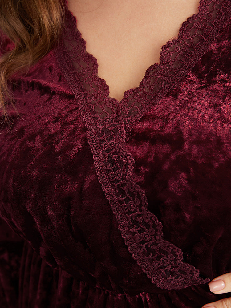 Solid Wrap Lantern Sleeve Lace Trim Velvet Long Tee