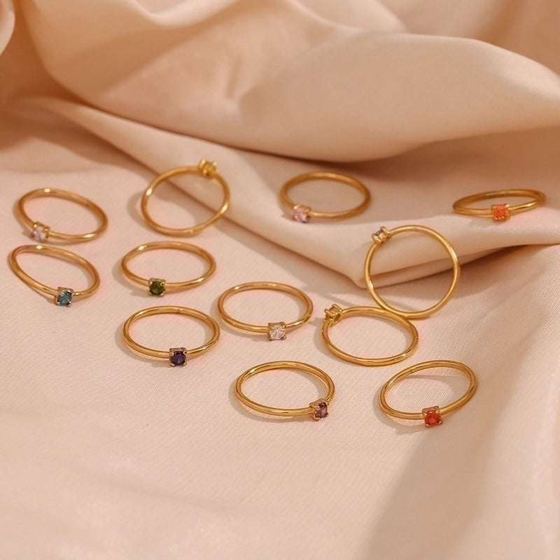 Fashion Round 304 Stainless Steel Artificial Gemstones Birthstone 18K Gold Plated Plating Inlay Rings