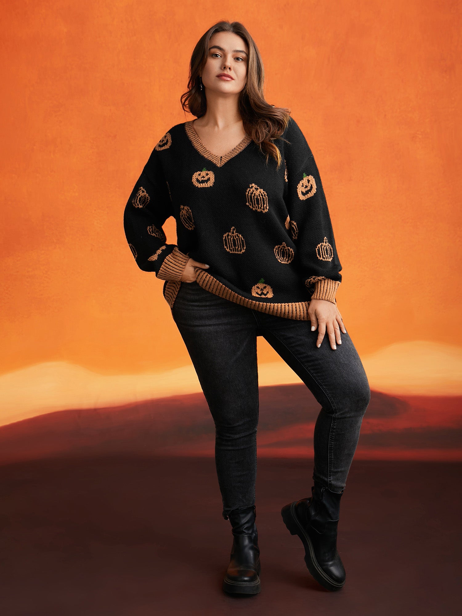 Pumpkin Patch Contrasting Color Hemline Pullover