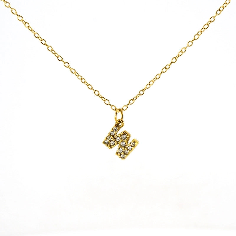 Minimalist Classic Style Letter Titanium Steel Zircon 18K Gold Plated Inlay Pendant Necklace
