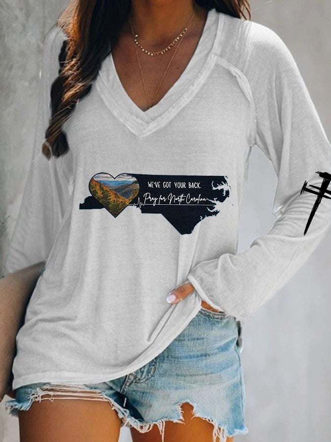 Women's We've Got Your Back Pray For North Carolina Print V-Neck T-Shirt