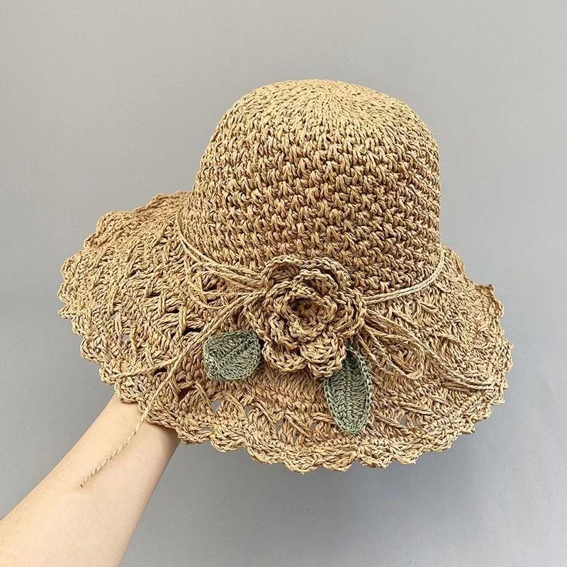 Elegante Sombrero De Paja De Crochet Con Detalle De Volantes