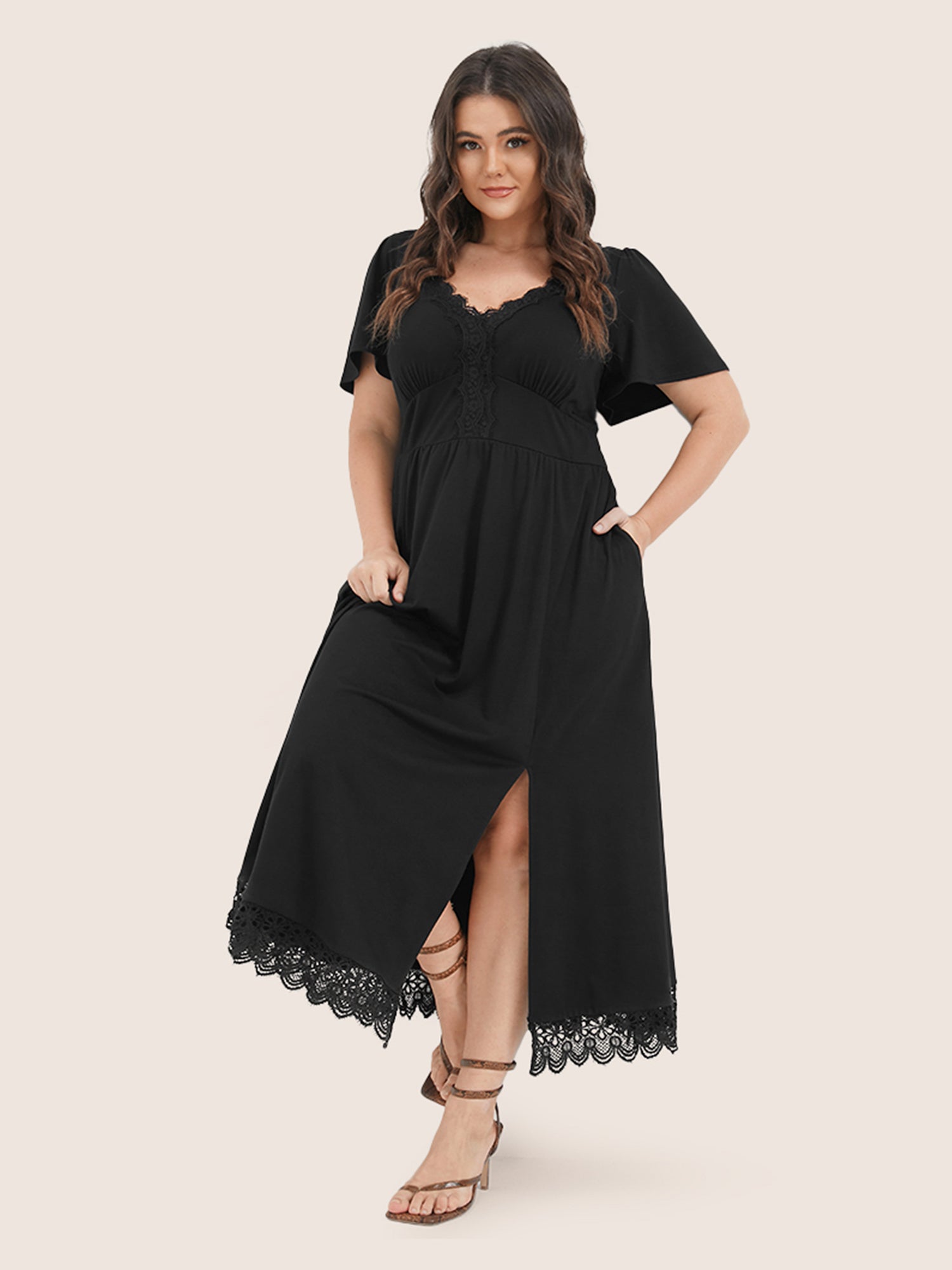 Solid Pocket Contrast Lace Split Maxi Dress