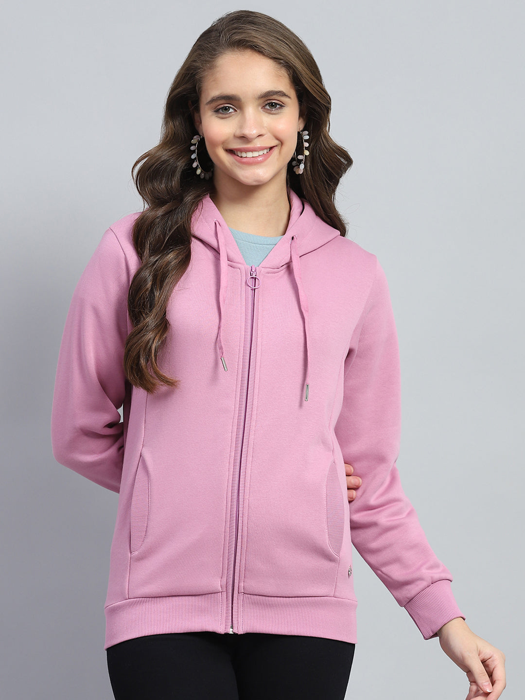 Women Pink Solid Hooded Full Sleeve Sweatshirt