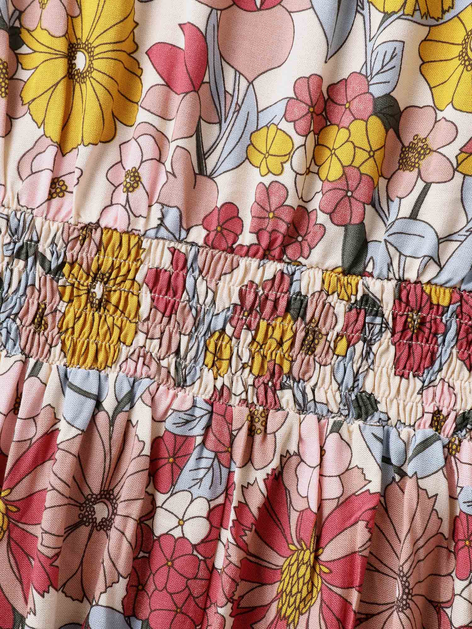 Vibrant Floral Print Pleated Waist Midi Dress
