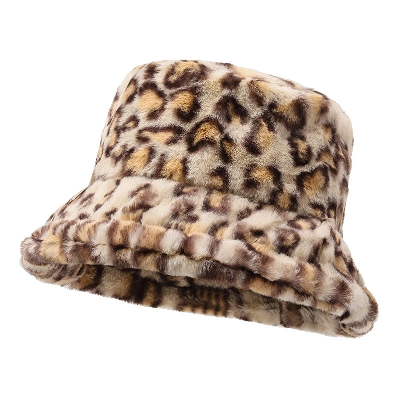 Hat Women's Winter Face-looking Leopard Print Fisherman Hat Women's Warm Basin Hat Plush Bucket Hat