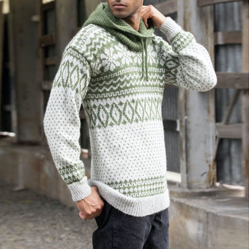 Men'S Vintage Knitted Jacquard Hooded Sweater