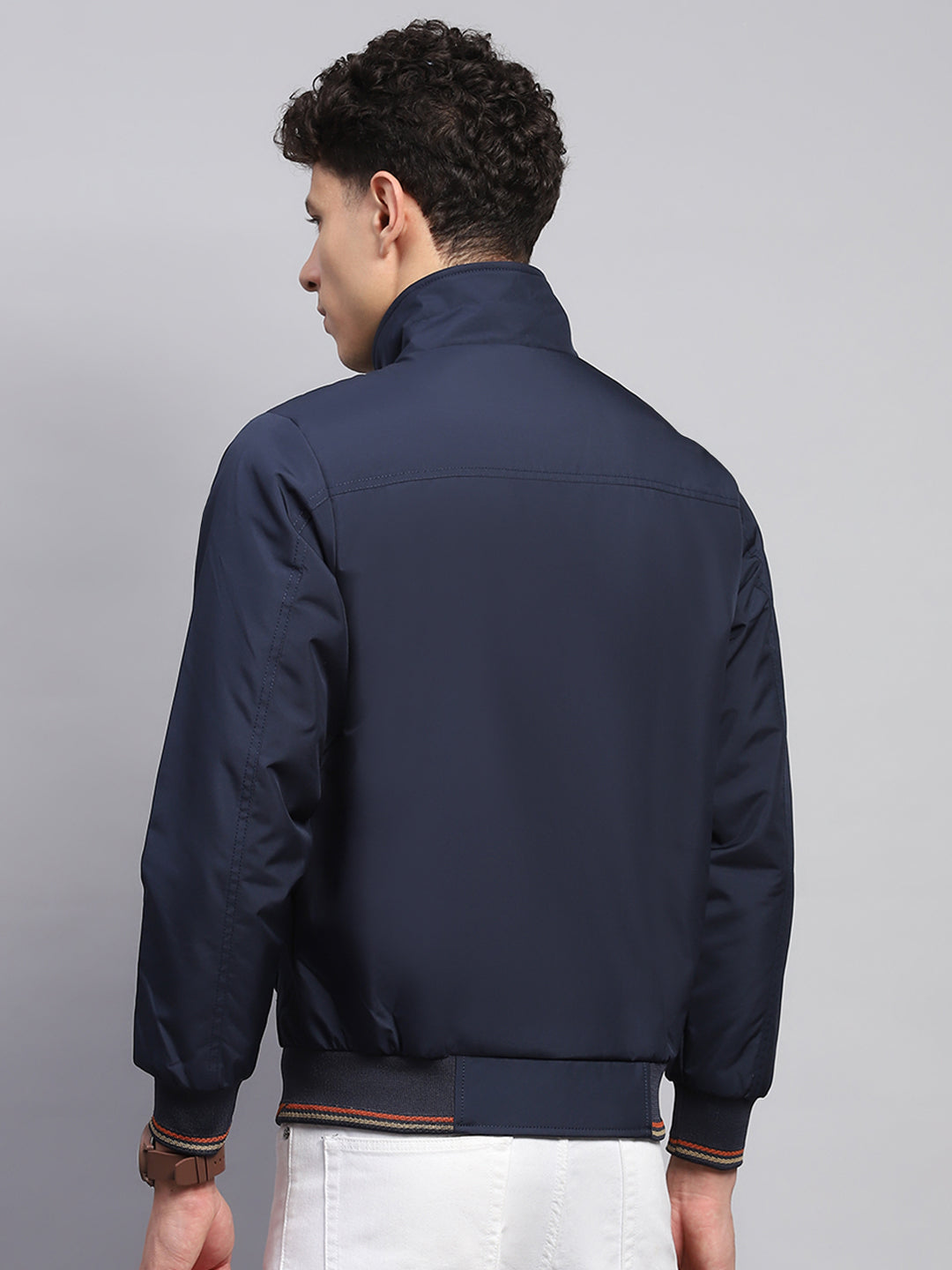 Men Navy Blue Solid Mock Neck Full Sleeve Jacket