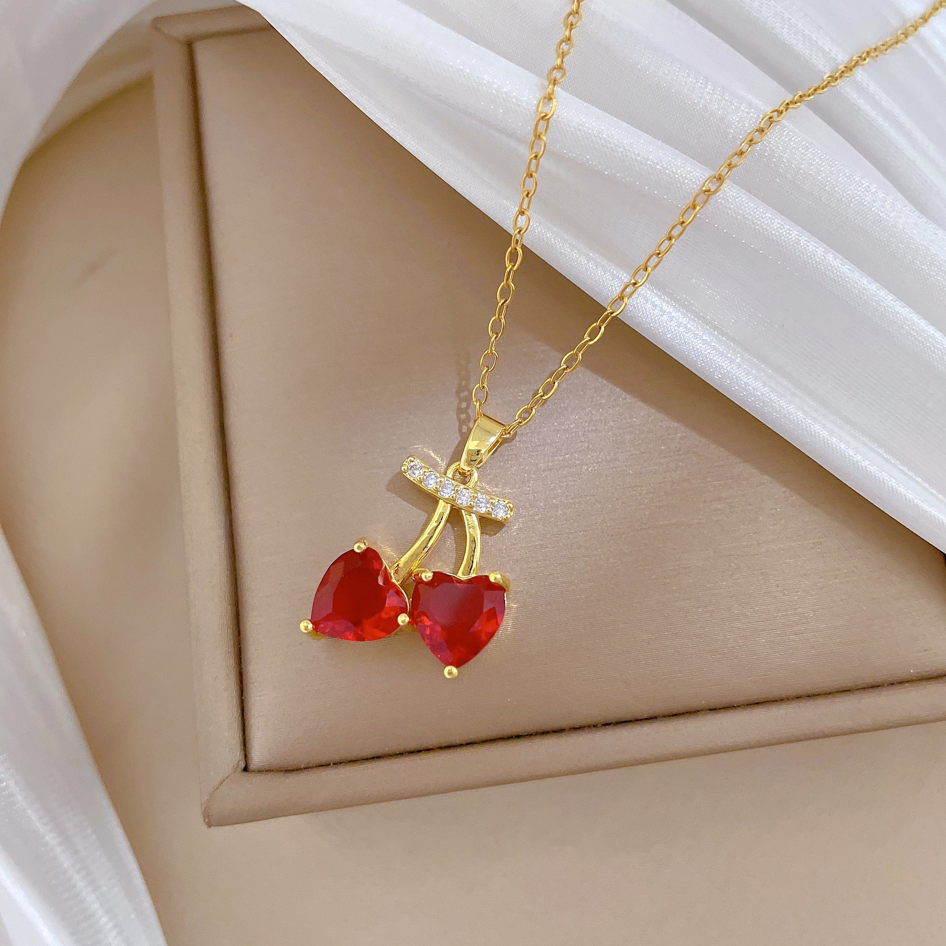 Fruit Red Cherry Fashion Gorgeous Full Diamond Necklace Women'S All-Match Clavicle Chain Titanium Steel