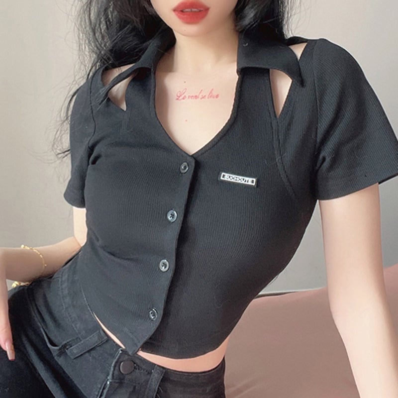 Black Hollow V-Neck Short Sleeves