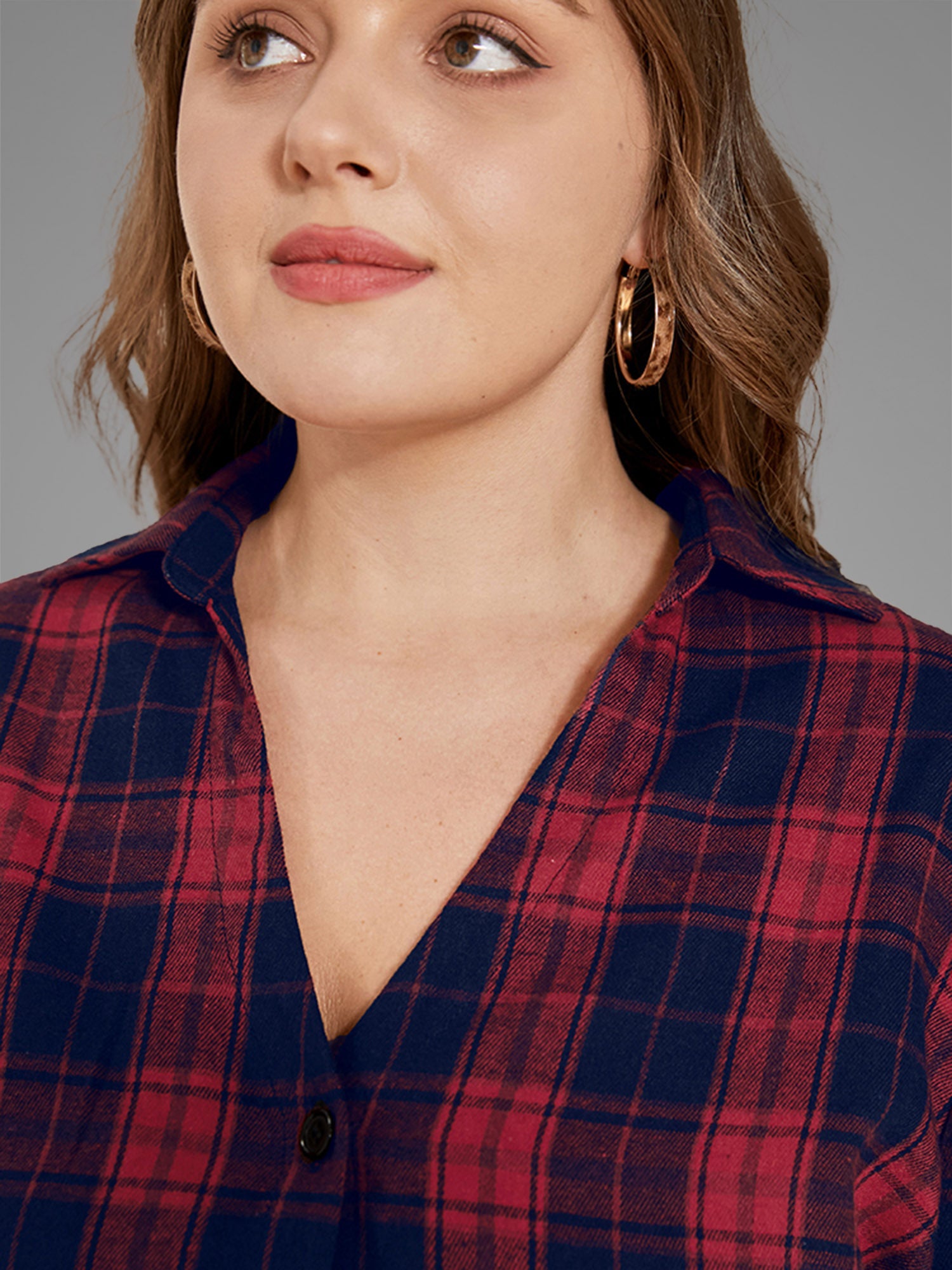 Plaid Button Up Asymmetrical Hem Belted Blouse
