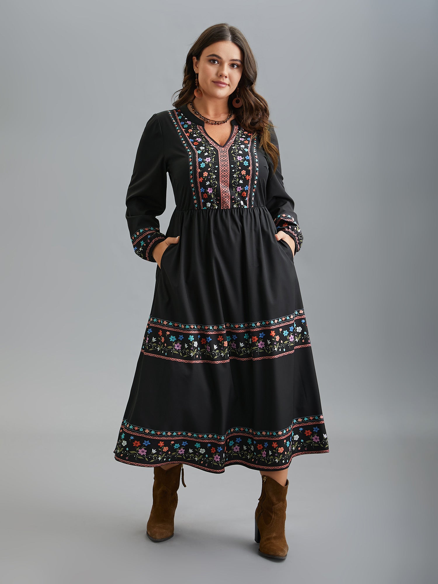 Notched Collar Boho Print Midi Dress