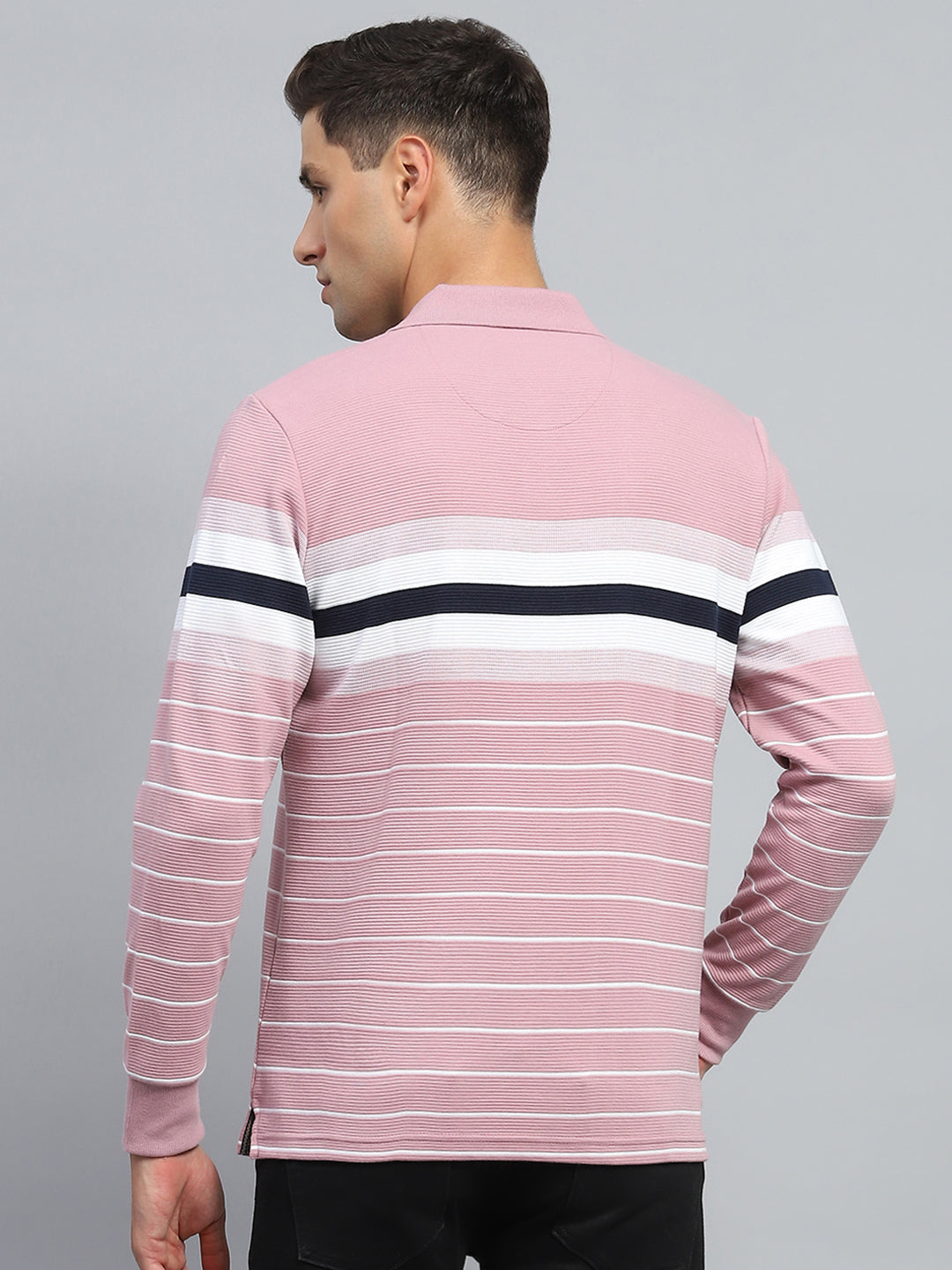 Men Pink Stripe Collar Full Sleeve Winter T-Shirt