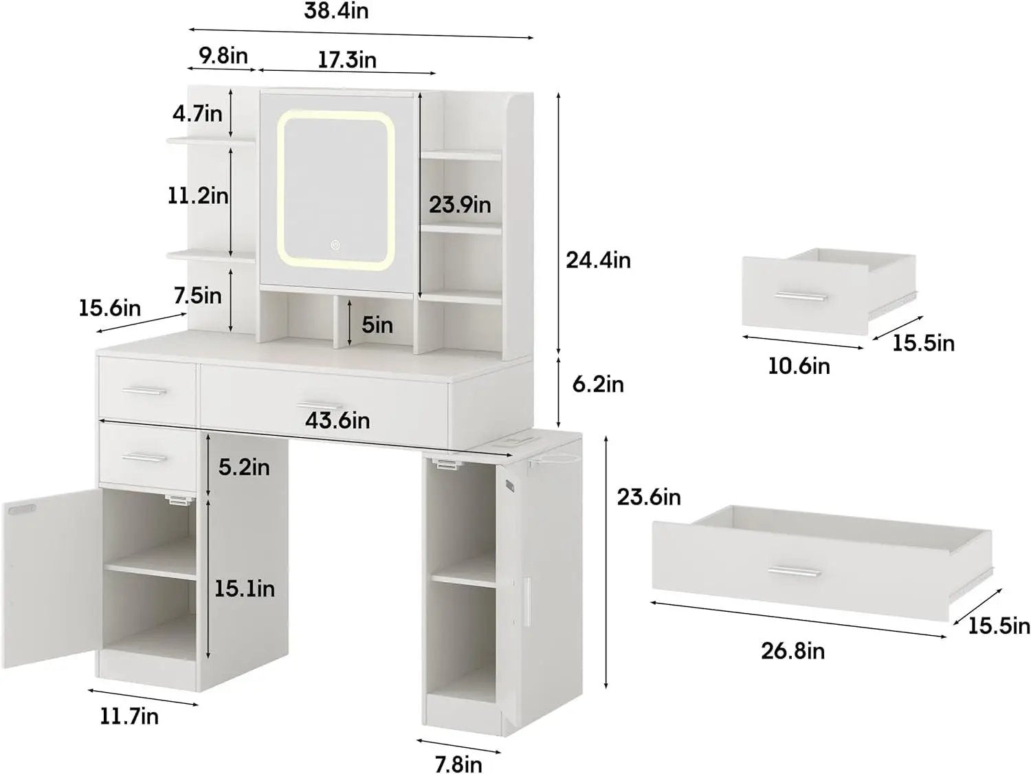 Makeup Vanity with Lights in 3 Colors and Power Outlet 43.6inch Big Vanity Table