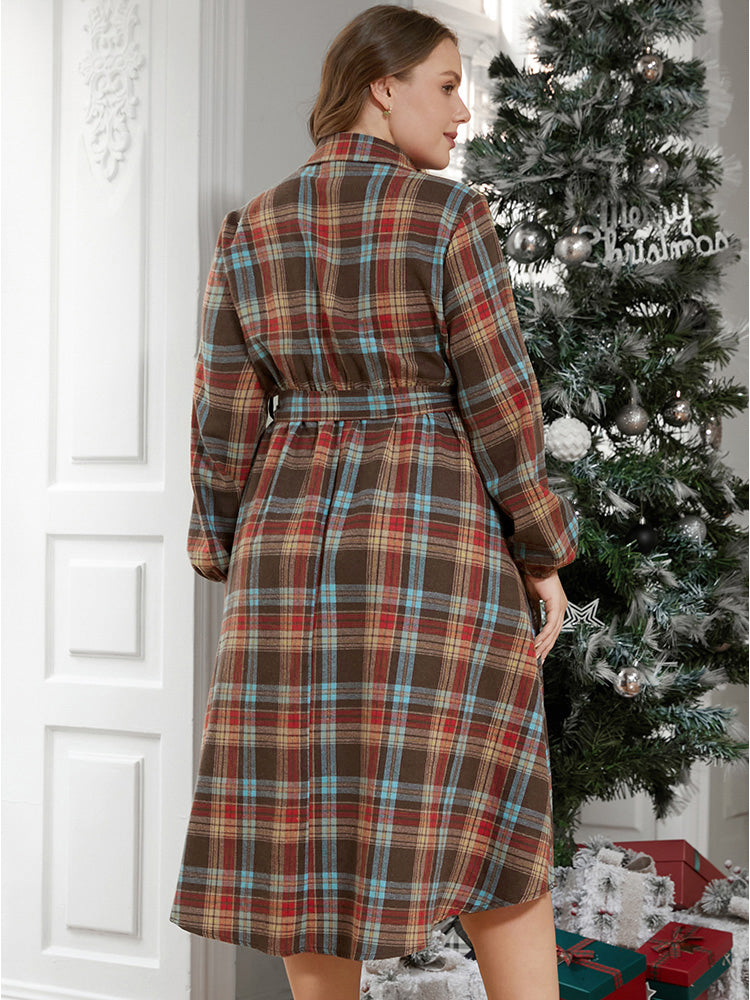 Plaid Button Detail Pocket Belted Arc Hem Dress
