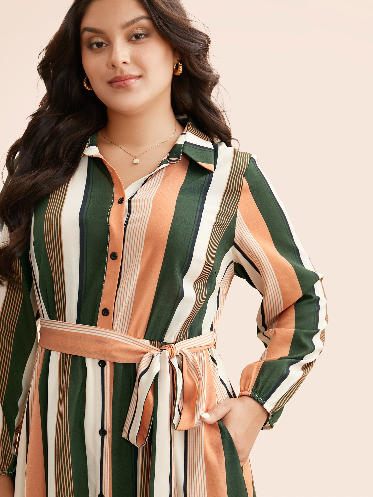 Contrast Striped Belted Midi Dress