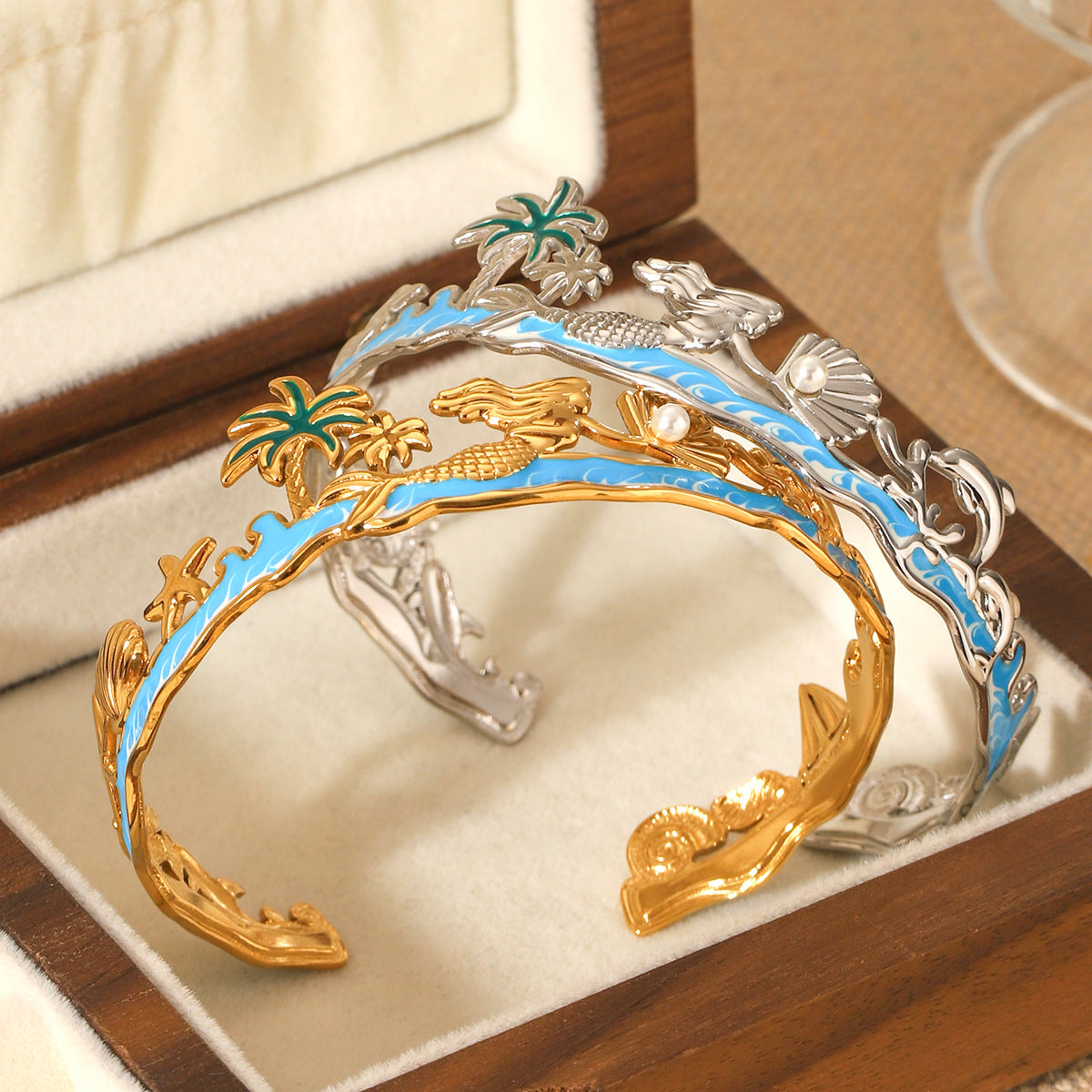 Summer Beach Holiday Style Coconut Tree Marine Life Stainless Steel Oil Drop Bracelet Titanium Steel Bracelet