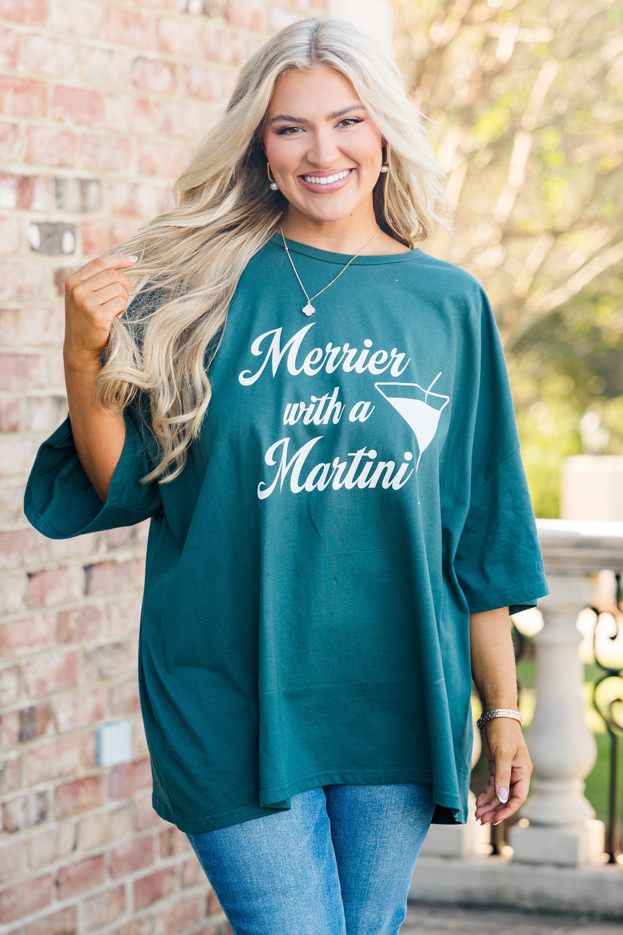 Merrier With A Martini Boyfriend Tee. Peacock