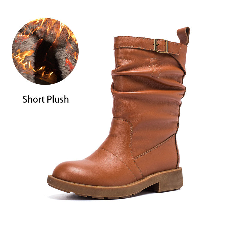 Soft?Leather Mid Calf Boots Fold Design Riding Boots Short Plush Lined For Winter