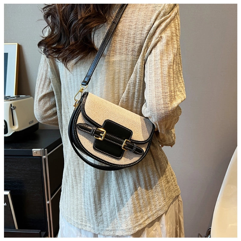 Women's Small Pu Leather Color Block Streetwear Square Magnetic Buckle Saddle Bag