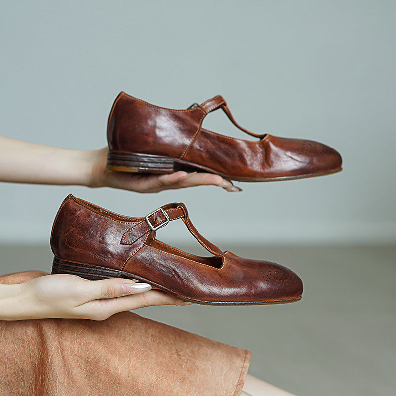 Vintage Washed Horse Leather T-Strap Brogue Mary Jane Shoes in Red/Black/Brown