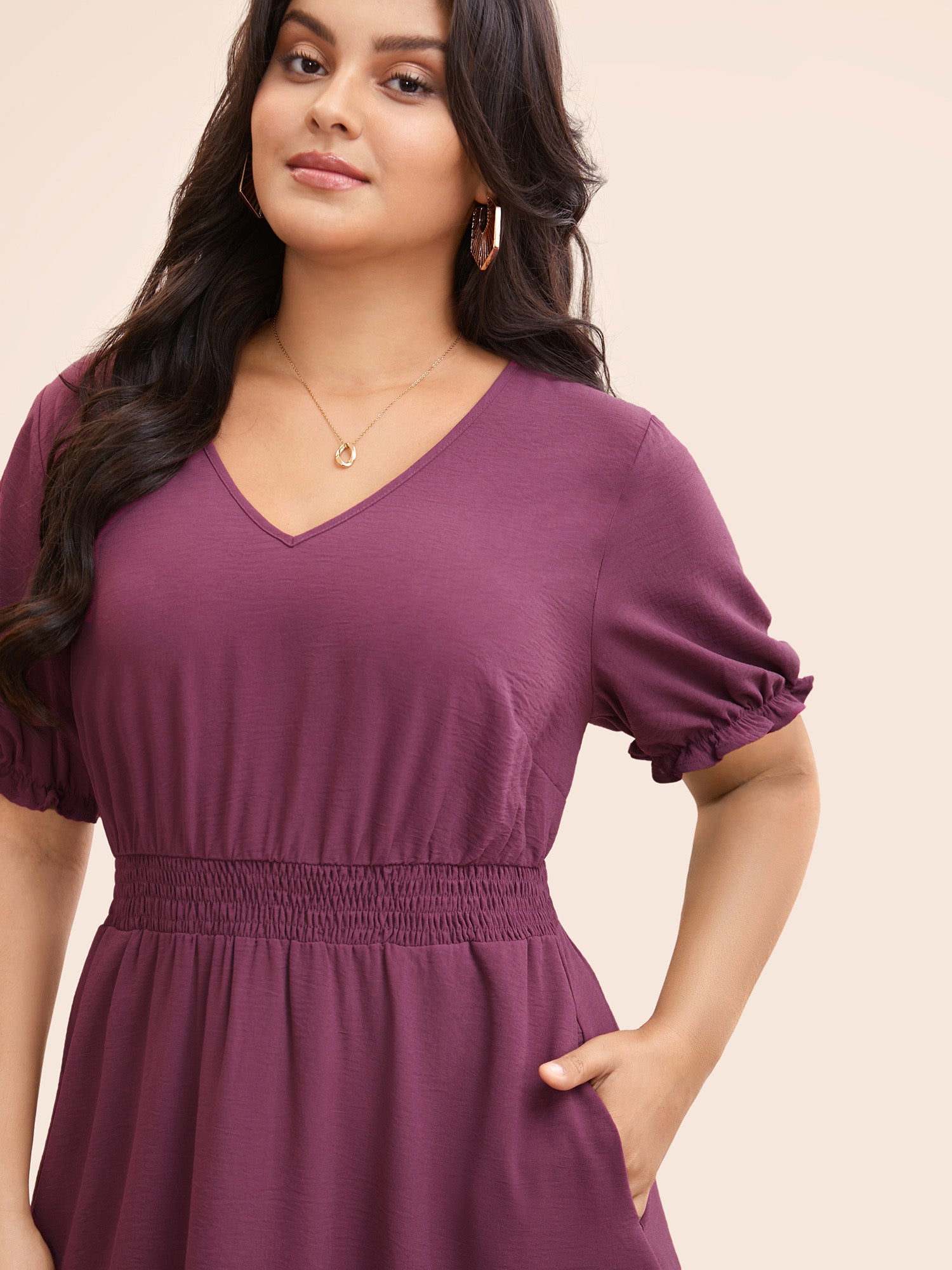 Plain V Neck Shirred Puff Sleeve Dress