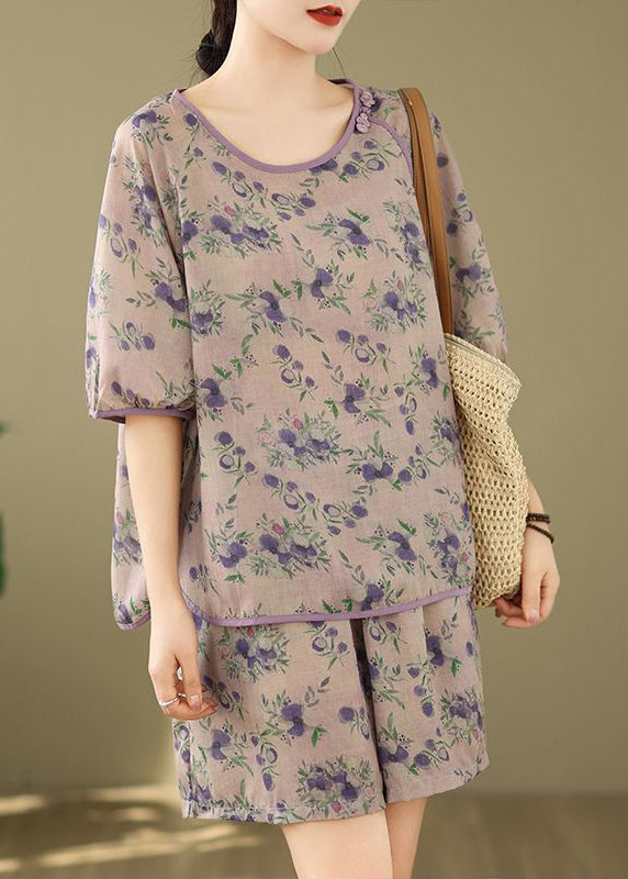 Light Purple Print Shirt And Shorts Two Pieces Set Summer