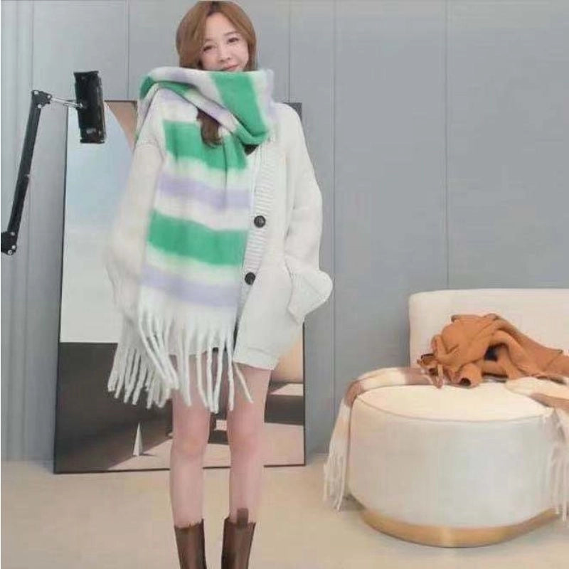 Rainbow Plaid Scarf Women's Autumn And Winter Thickened Mohair Student Couple Contrast Color Matching Thickened