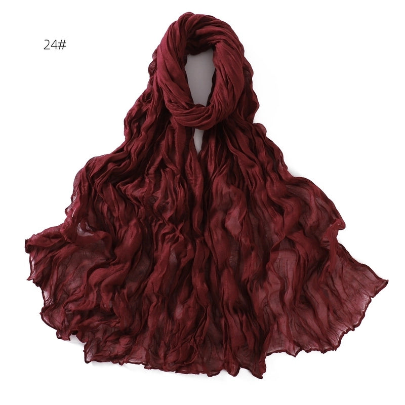Spring And Autumn Pure Color Silk Yarn Twist Wrinkle Cotton And Linen Breathable Thin Scarf Female Cover Scarf In Stock
