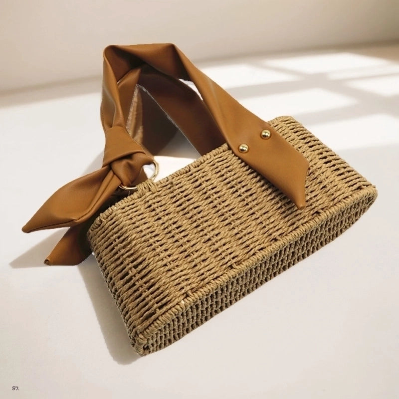 Women's Small Straw Solid Color Beach Square String Straw Bag