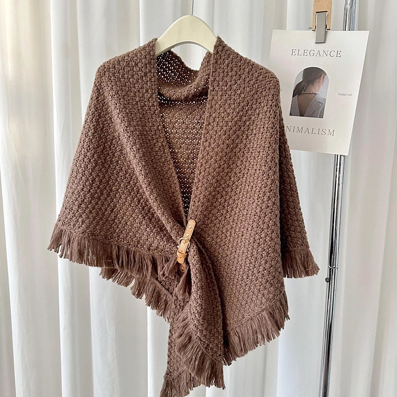 Autumn And Winter New Tassel Cape Shawl Versatile Thick Warm Neck Protection Solid Color Knotted Scarf Outer Waistcoat