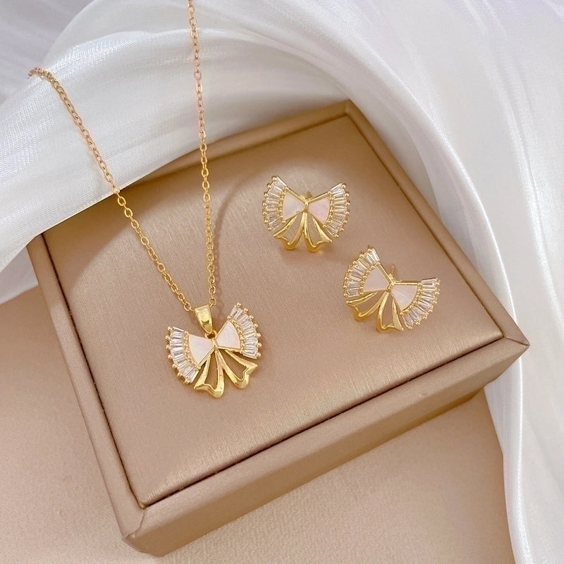 Copper Minimalist Plating Inlay Rhombus Bow Knot Zircon Jewelry Set